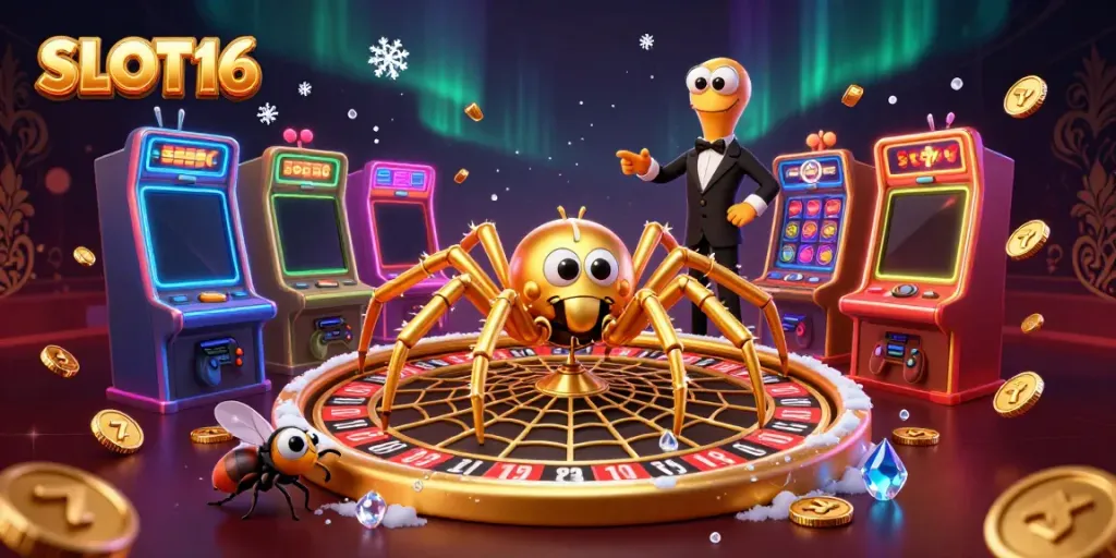 Experience the excitement of SLOT16 in a vibrant 3D casino world, featuring unique characters and colorful elements.