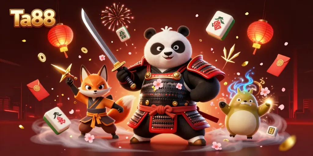Join the Ta88 experience with a dynamic scene of a samurai panda, ninja fox, and spirit tanuki immersed in a playful casino environment.