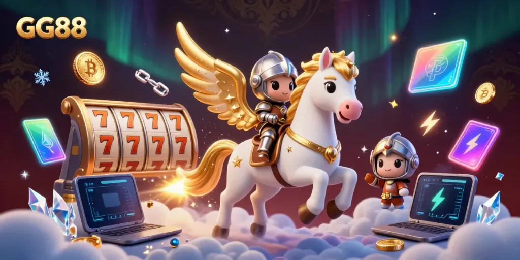 Experience thrilling wins with GG88 at the vibrant casino, featuring a celestial horse and golden knight.