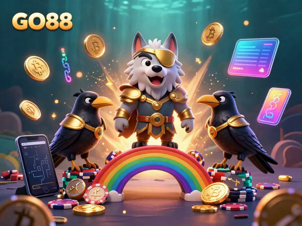 Engage in thrilling gaming adventures with GO88, featuring Odin and mythical ravens amidst vibrant casino chips.
