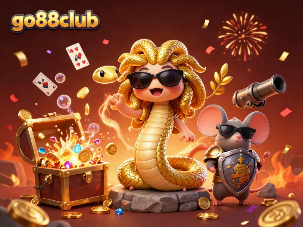 Engage with go88club's immersive gaming experience featuring Medusa and a warrior mouse.