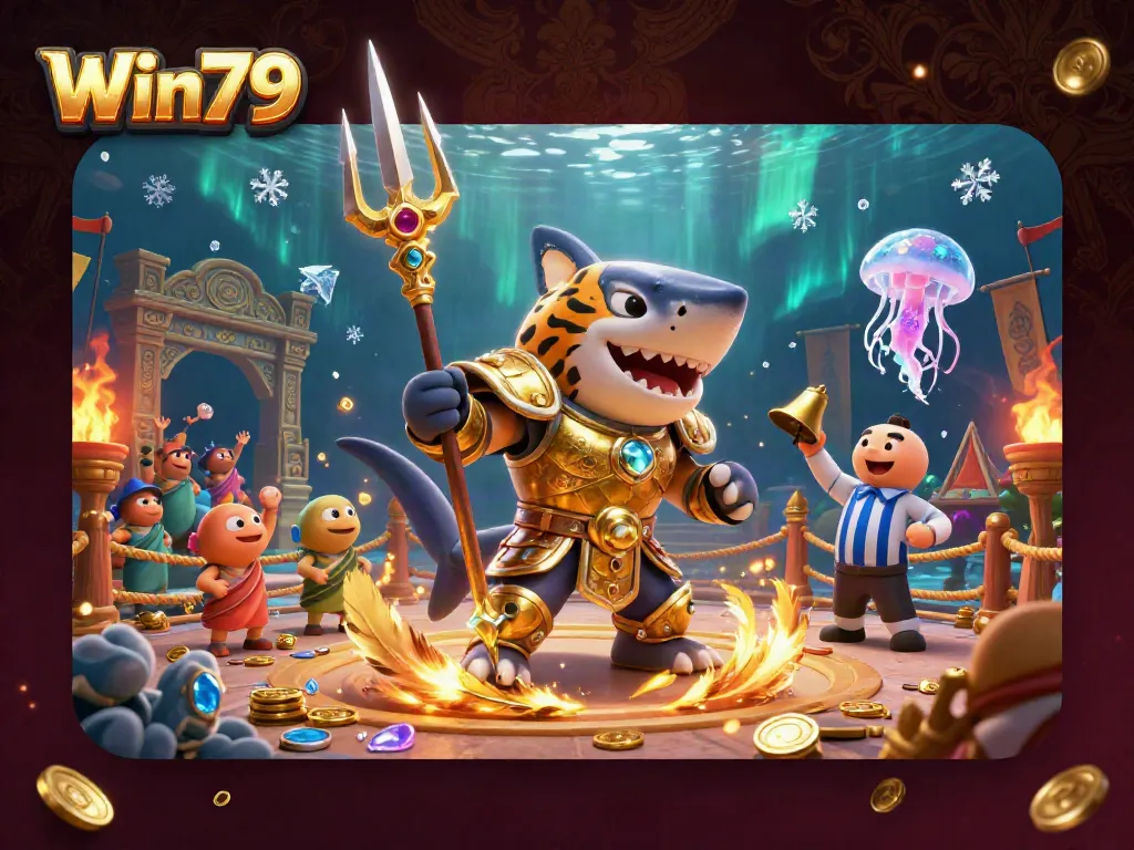 Win79 offers a thrilling underwater casino adventure with a tiger shark gladiator in action.