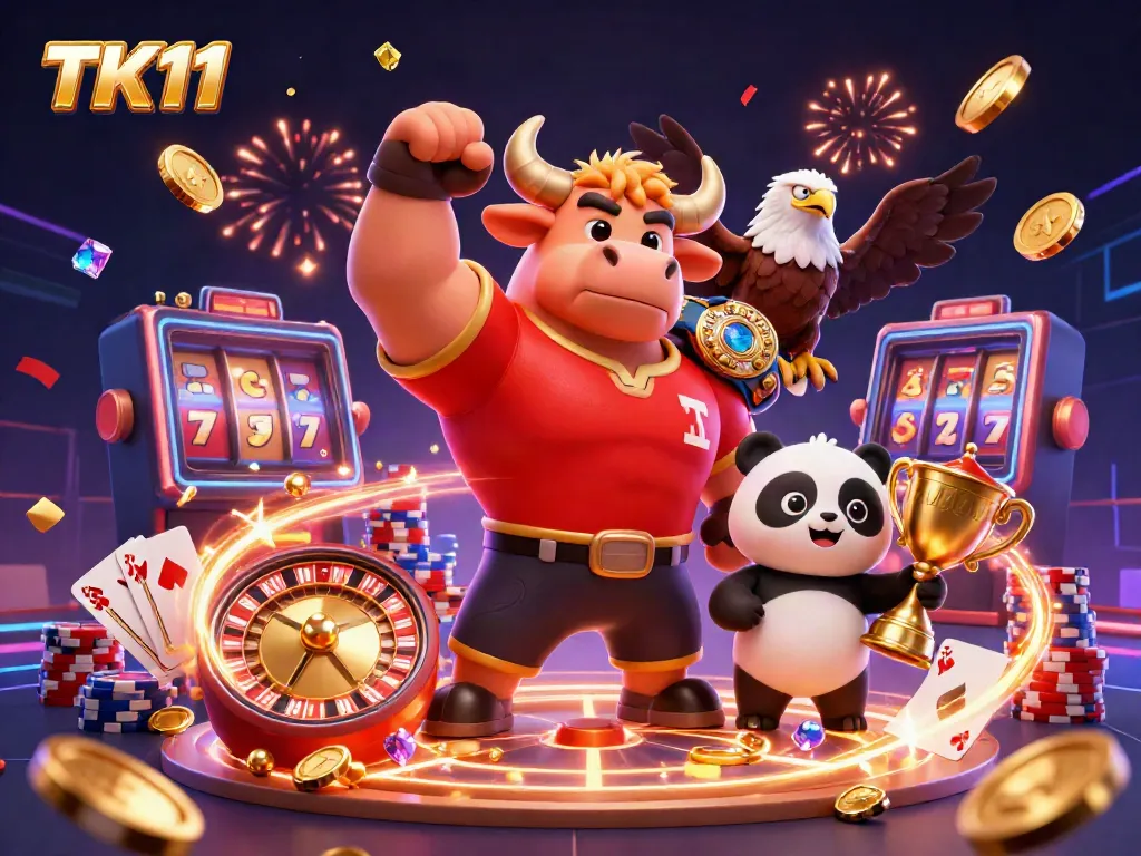 TK11 victory scene with bull, eagle, and panda amidst casino elements for winning excitement.