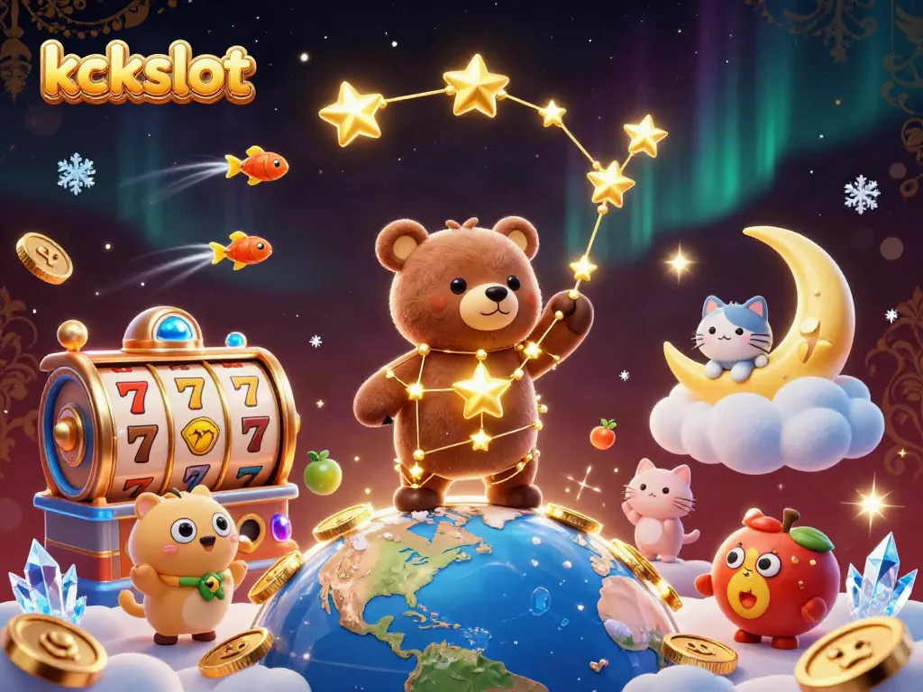 Kckslot mempersembahkan ilustrasi kasino yang menghibur dan penuh warna dengan simbol slot dan beruang bintang