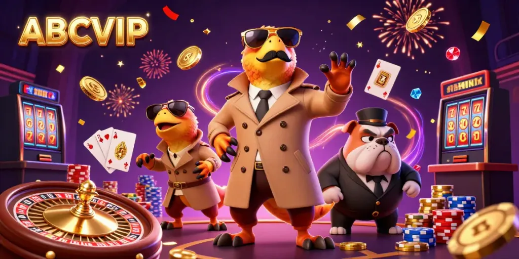 ABCVIP's playful raptors in a trench coat try to enter a VIP casino lounge amidst falling treasure.