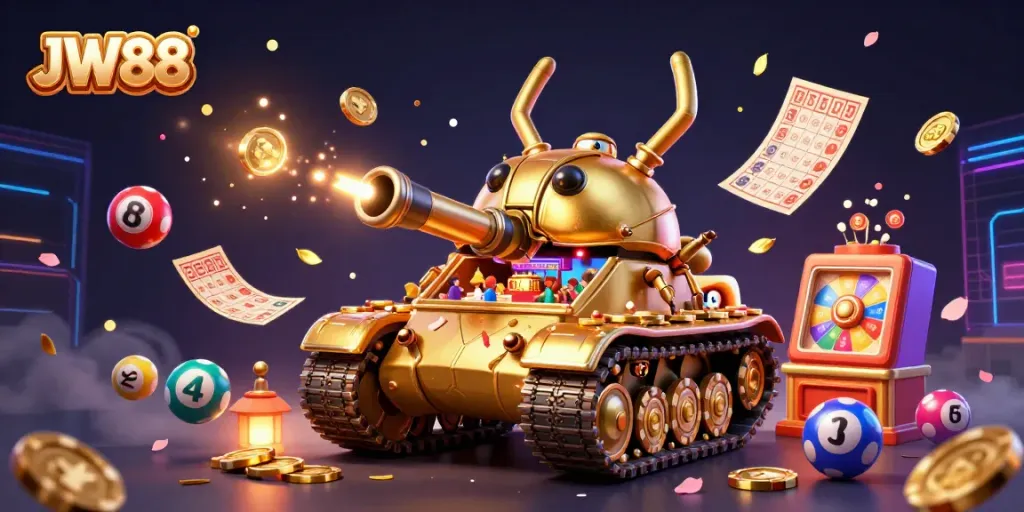 Experience JW88’s vibrant casino adventure with golden beetles, confetti, and lottery balls!