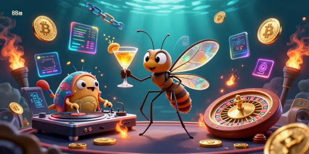 Engage in thrilling 88aa casino adventures with vibrant 3D characters and glowing crypto elements.