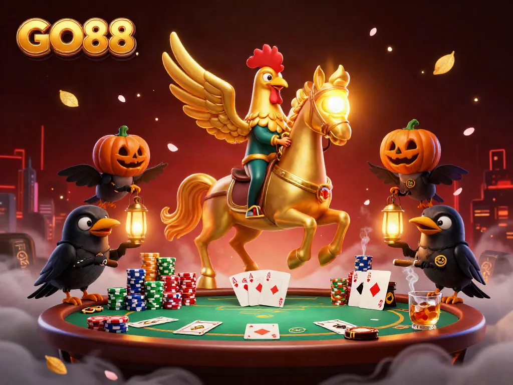 Experience thrilling gaming at GO88 with a golden rooster in a vibrant casino scene.