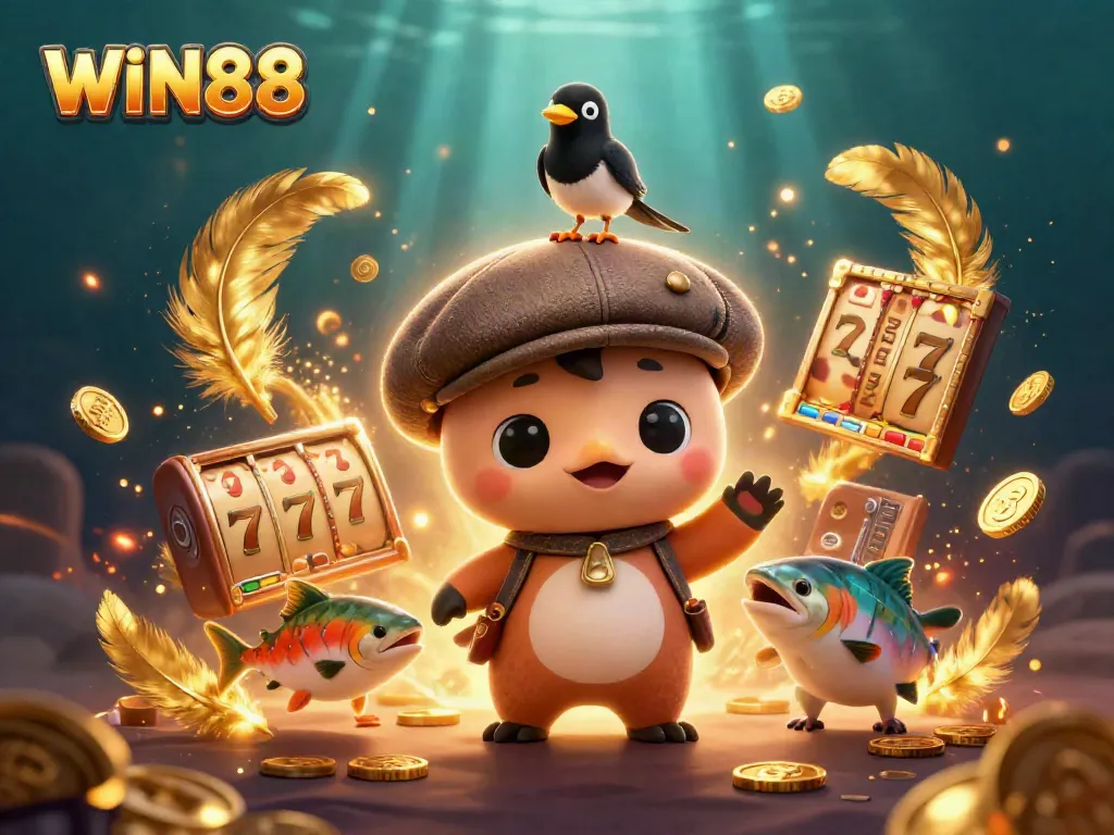 Experience excitement with WIN88 in this vibrant casino scene featuring playful characters.