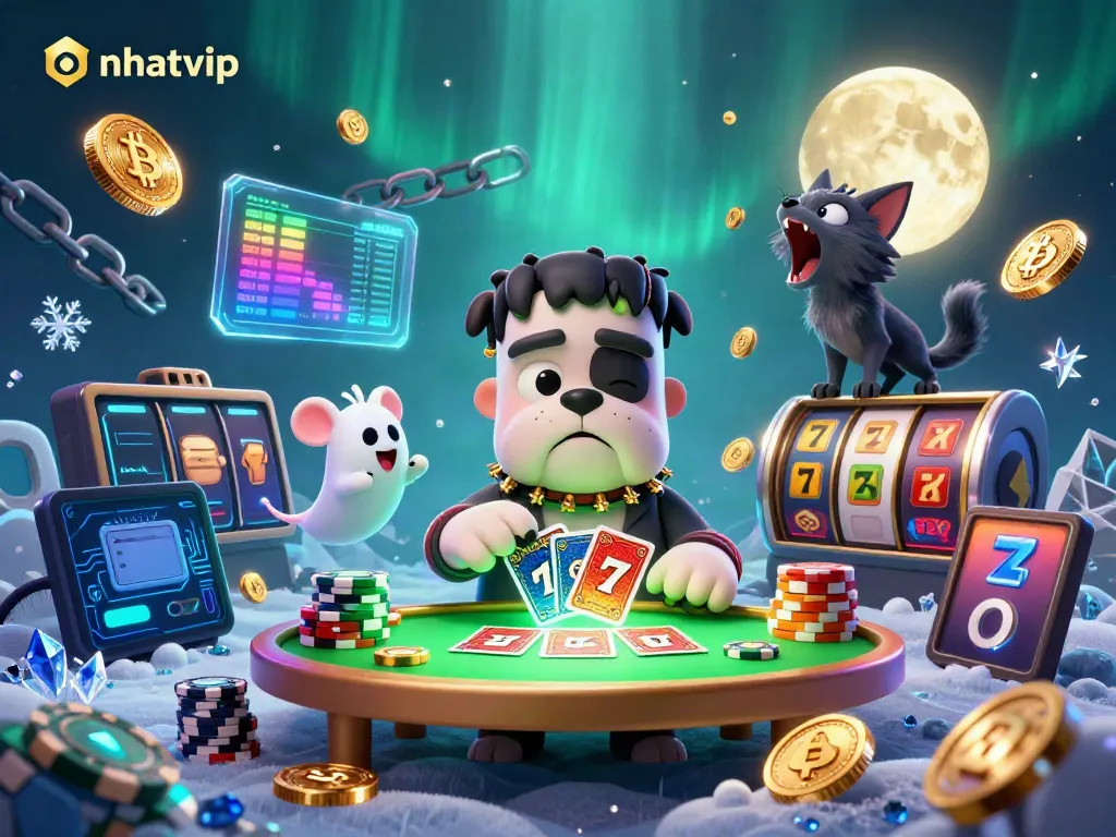 Experience the excitement of nhatvip gaming with a whimsical scene featuring a Frankenstein bulldog dealer and a ghost mouse.