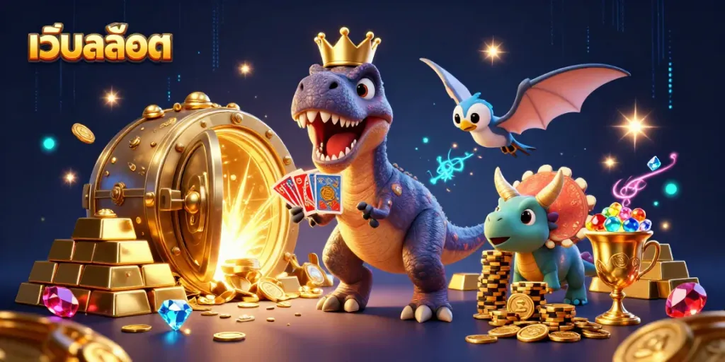 การเล่นเว็ปสล็อตในภาพที่เต็มไปด้วยการผจญภัยแบบ 3D cartoon ที่มี T-Rex จับไพ่และ Triceratops จัดชิปทอง