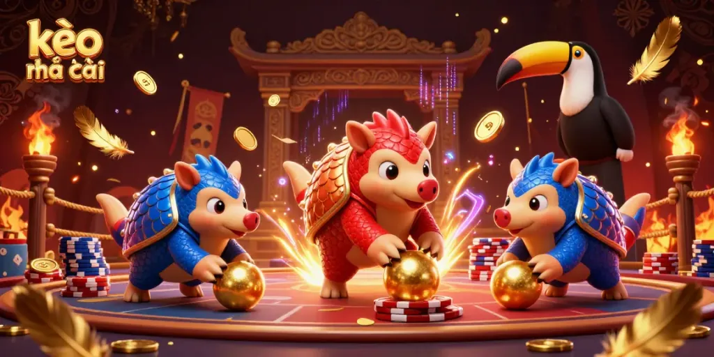 Engaging scene of rival pangolins competing in kèo nhà cái betting game with colorful casino effects.