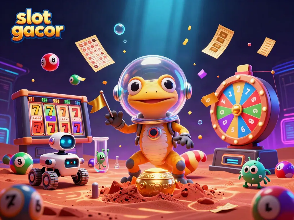 Engage in slot gacor action with Martian gecko discovering a golden casino amid vibrant game elements.
