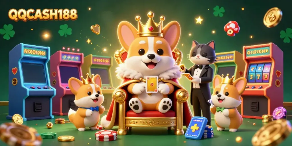 Play and win big at QQCASH188 with a 3D cartoon royal corgi surrounded by exciting casino games and vibrant elements.
